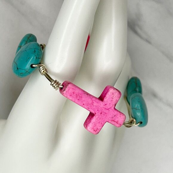 Silver Tone Faux Turquoise Beaded Pink Cross Small Wire Bangle Bracelet - Picture 10 of 10